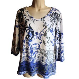 Onque Women's BOHO 3/4 Sleeve Rhinestone Loose Fitting Blouse Size M
